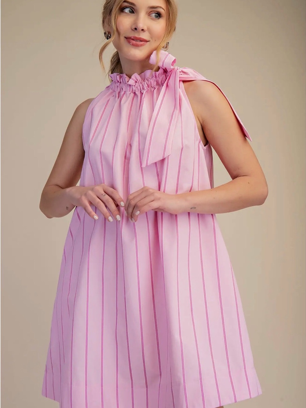 glam Pink Striped Ruffle-Neck Mini Dress